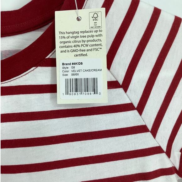 4Kids Girls Small 6/6X Red Cream Striped Crew T Shirt Long Sleeve Cotton M34-2 - Picture 6 of 8